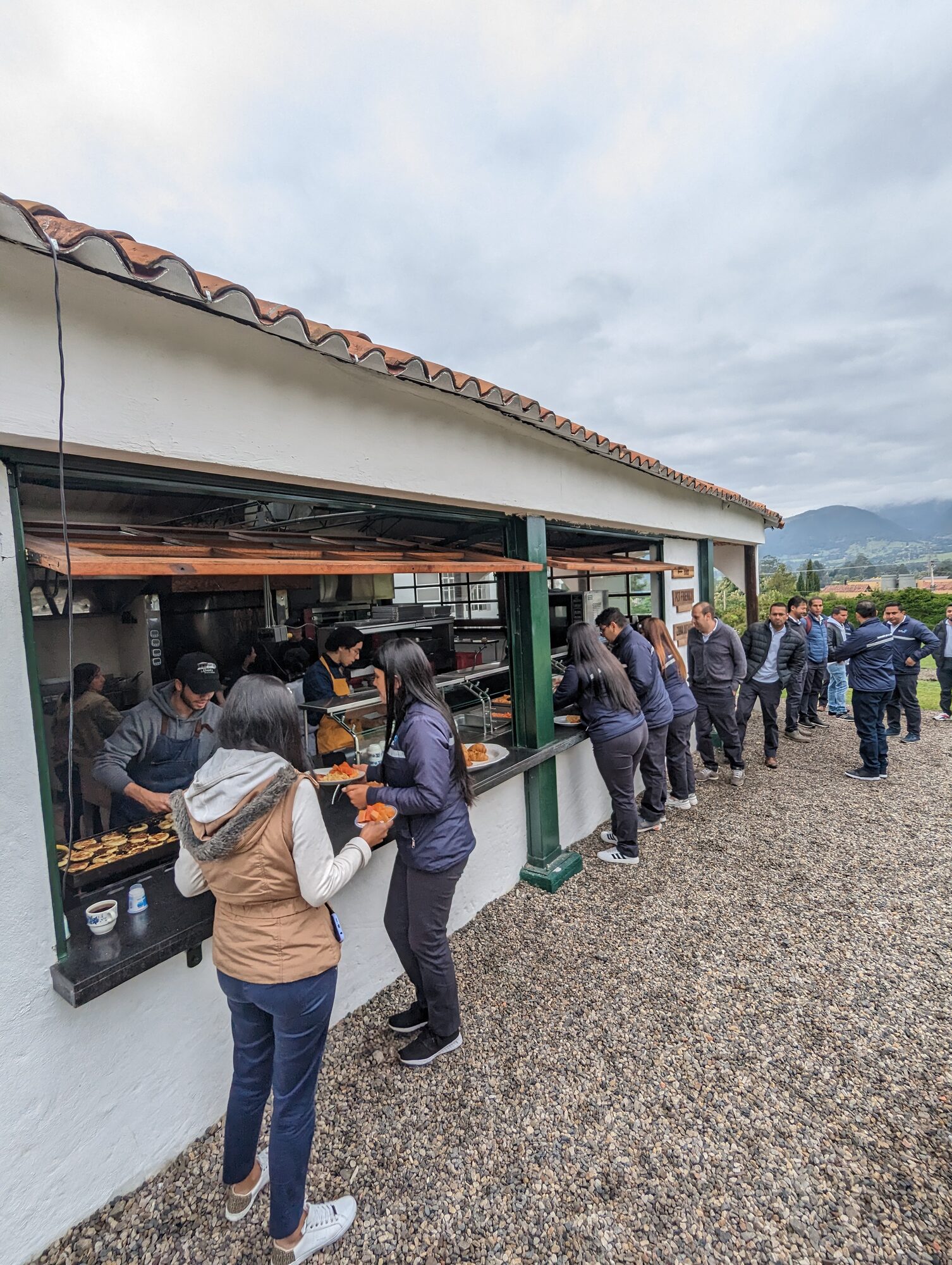 Zona de comida al aire libre con invitados y montañas de fondo
